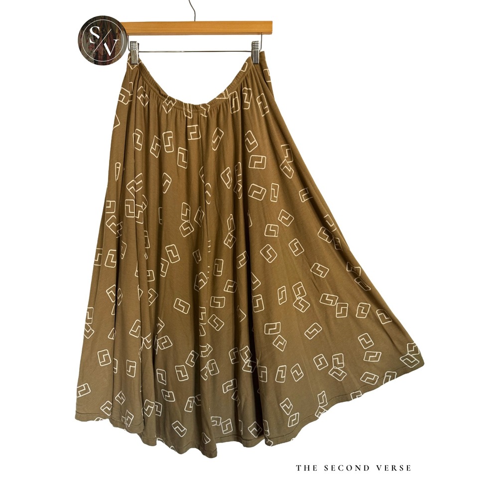 Pull On Elastic Waist Olive Green Geometric Printed Midi Skirt Lagenlook Size XL - Picture 2 of 6